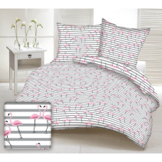 Kokvilnas spilvendrāna 50x60, balta, rozā flamingo, pelēkas svītras