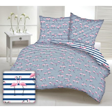 Kokvilnas gultas veļa 140x200 1662E balti flamingo rozā tumši zilas svītras