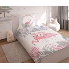 Kokvilnas gultasveļa 160x200 Flamingo 2 palmu lapas 7862 sapņu ķērājs balts pelēks rozā 2918 A