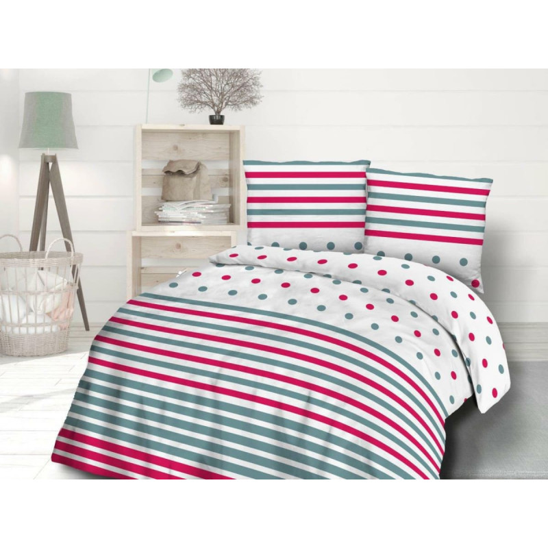 Kokvilnas gultas veļa 180x200 71427/1 balti pelēki rozā polka punktiņi svītras Cottonlove