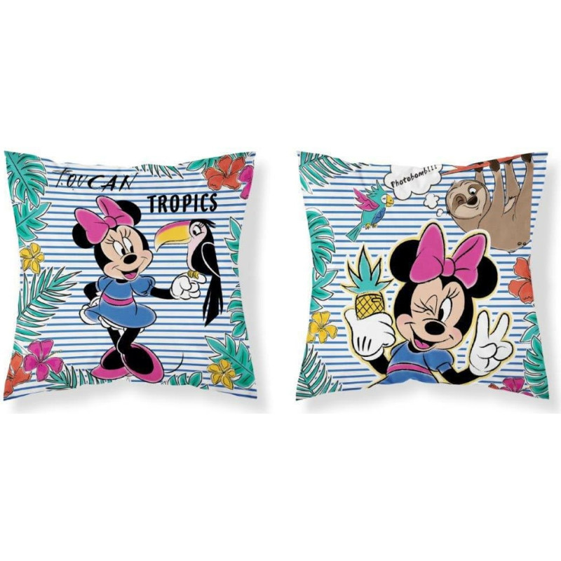 Bērnu spilvendrāna 40x40 3D Mini Minnie Mouse tukāni papagailis ananāsu tropu svītras palmu lapas