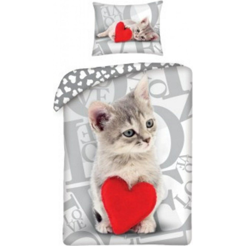 Kokvilnas gultasveļa 140x200 Sweet Cat 6787 Sweet Cat Love Valentīna diena sarkana sirds spilvendrāna 70x90