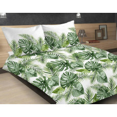 Satīna gultasveļa 220x200 16A Premium monstera palmu lapas balti zaļas