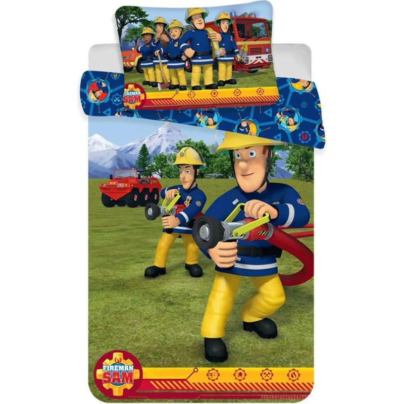 Kokvilnas gultas veļa 100x135 Fireman Sam 9702 Fire Department Fireman Sam ugunsdzēšamais aparāts ugunsdzēsēji zils