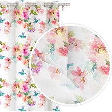 Gatavs aizkars 140x250 Kanāriju ziedi pasteļtoņi rozā putni uz cilpām