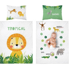 Kokvilnas gultasveļa 90x120 Lauva žirafe zilonis krokodils mērkaķis tīģeris dzīvnieki balti zaļas safari lapas 3315 A bērnu gultiņai 6283 spilvendrāna 40x60