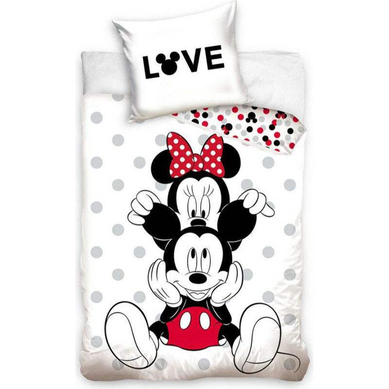 Kokvilnas gultas veļa 140x200 Mini Mickey Mouse Minnie Mickey Mouse Love polka punktiņi balti pelēka 0358 spilvendrāna 70x90