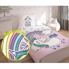 Bērnu kokvilnas gultas veļa 140x200 Unicorn ponijs 3323 Vienradzis rozā spīdīgi spīdumi