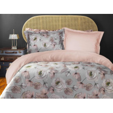 Satīna gultasveļa 160x200 Erde kastītē ziedi rozes pelēks rozā pulveris divpusējs Luxury Premium