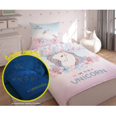 Gultasveļa spīd tumsā 160x200 Unicorn 2879 B vienradzis zirgs ponijs zirgu ziedi zili rozā 7594 kokvilna