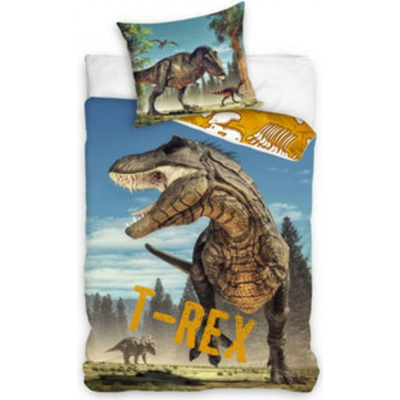 Kokvilnas gultas veļa 160x200 Dinozauru meža zilās sinepes T-rex 3701