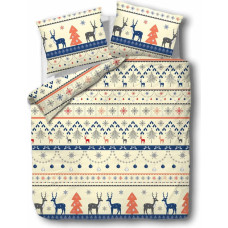 Flaneļa gultas veļa 140x200 Ziemassvētki 31480/2 krēmkrāsas tumši zilas sarkanas ziemeļbriežu zvaigznes Ziemassvētku eglītes