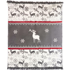Akrila kokvilnas sega 150x200 52 JB Ziemassvētku ziemeļbrieža zvaigznes pelēki balti sarkani ar bārkstīm gultas pārklājs