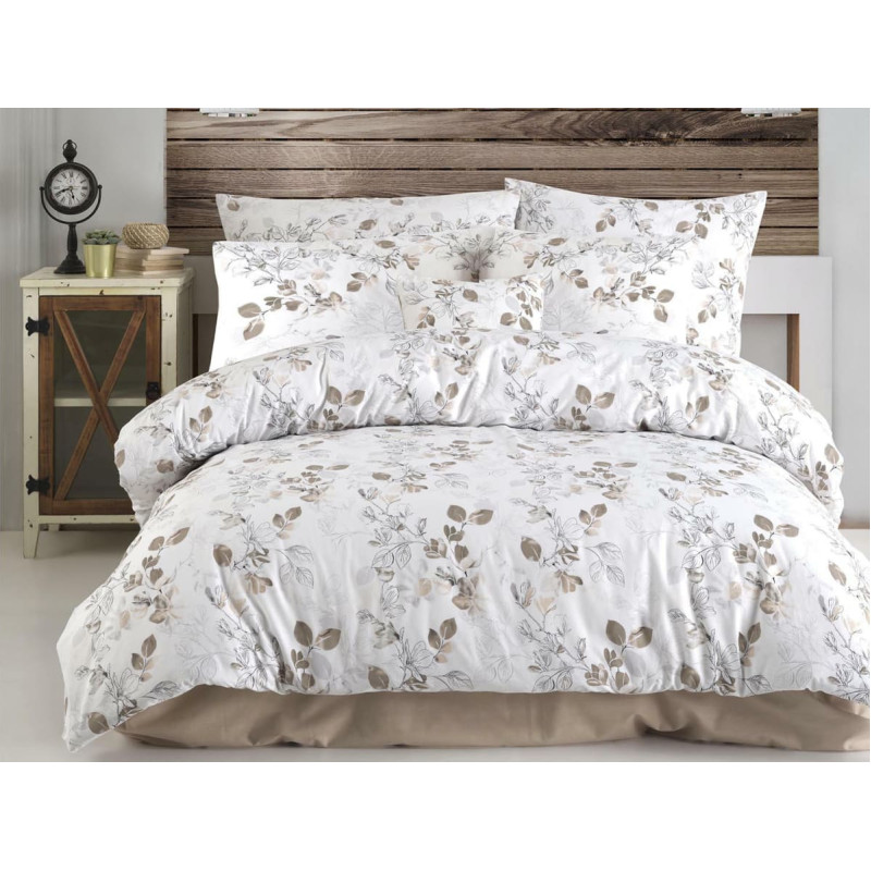 Kokvilnas gultas veļa 160x200 Almira baltas smilškrāsas lapas Cottonlove Exclusive 4