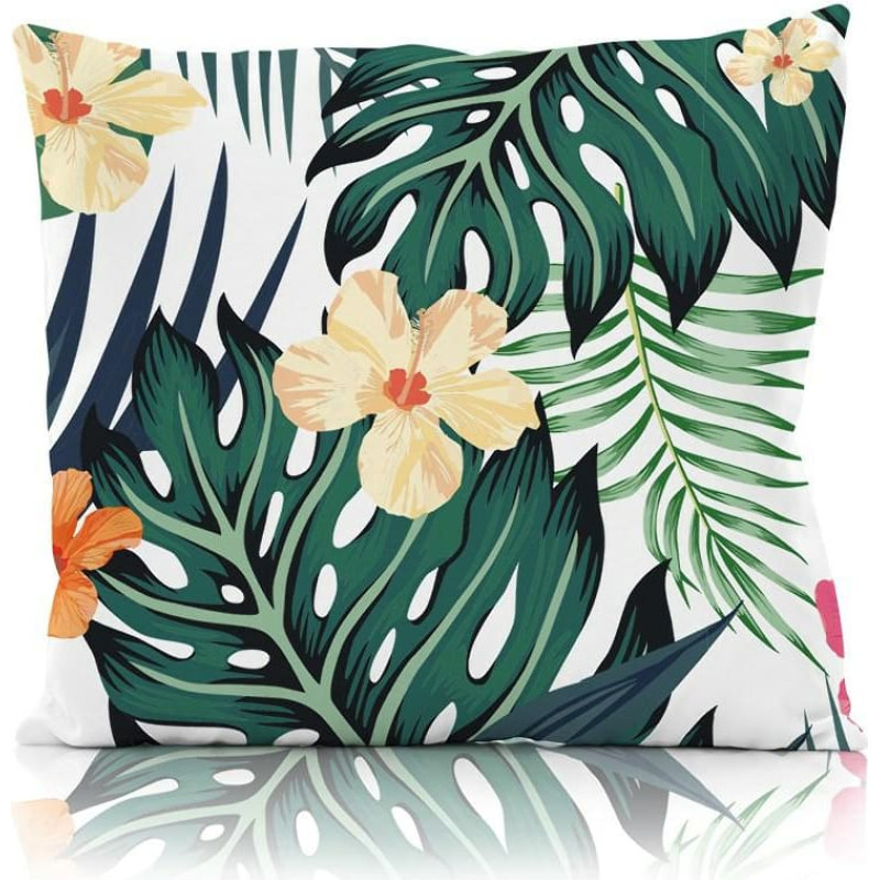 Komplektā 2 gab.kokvilnas spilvendrānas 40x40 zaļas monsteras lapas krāsaini ziedi Summer Dream 001