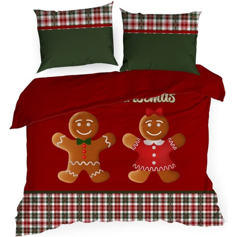 Ziemassvētku gultasveļa 160x200 Ingvers 01 sarkani zaļi rūtaini kokvilnas cepumi Św 23