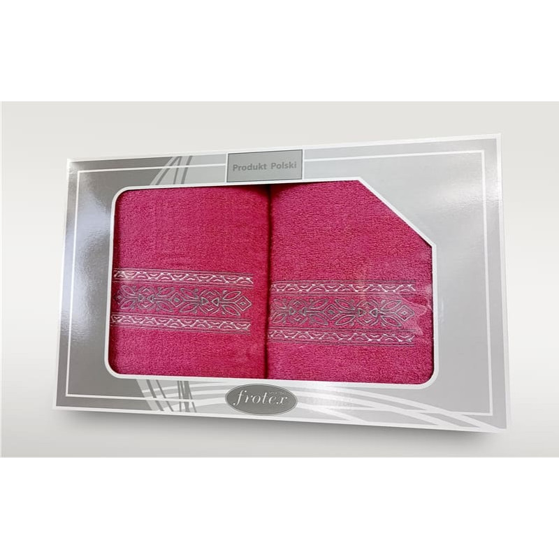 Dvieļu komplekts kastītē 2 gab 50x90 70x140 Dāvanu fuksijas raksts 2 Frotex