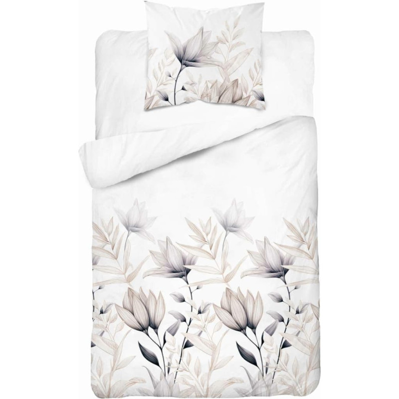 Satīna gultasveļa 140x200 balti smilškrāsas ziedi 4913 A ar vienu spilvendrānu Home Satin 80