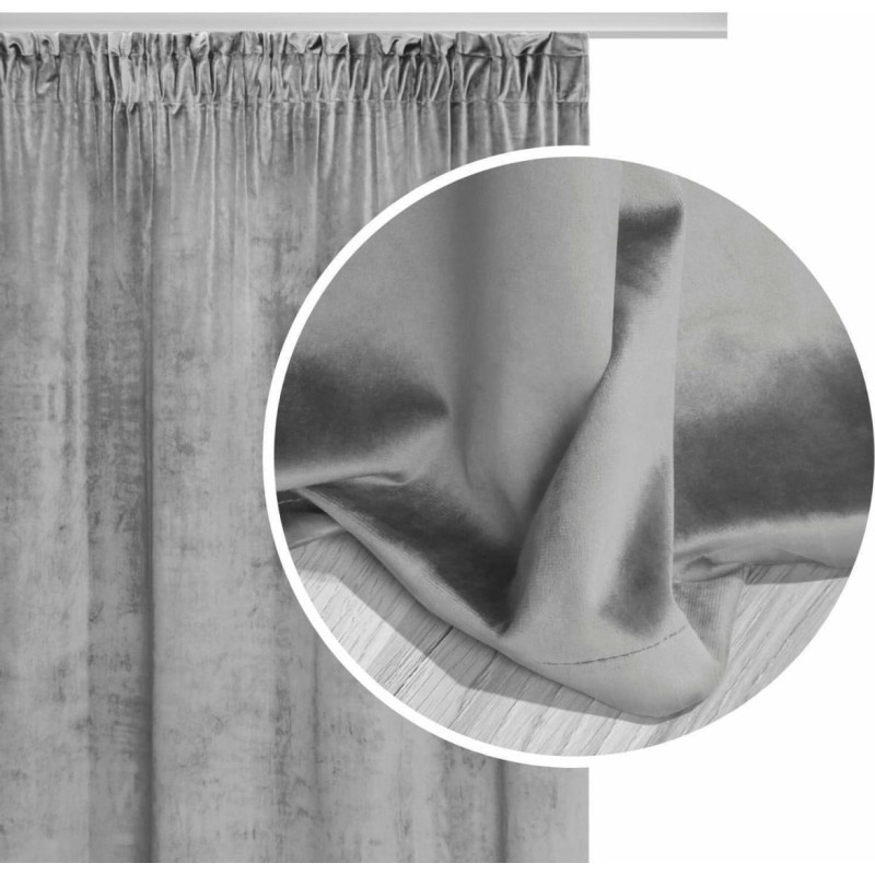 Gatavs aizkars 140x300, pelēks samts uz mīkstas samta lentes viesistabai