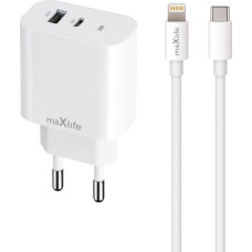 Maxlife MXTC-06-20AC PD QC charger 1x USB-C 1x USB 20W white + USB-C - Lightning cable 20W