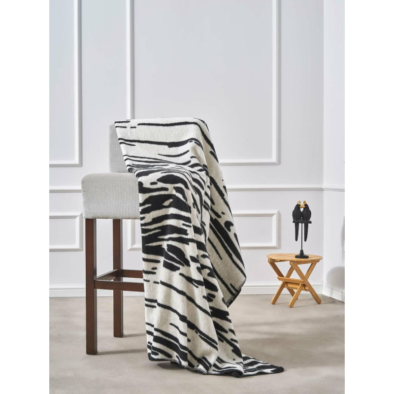 Unia - Cotton Cloud Kokvilnas akrila sega 150x200 2141/2 Zebra balts melns gultas pārklājs pleds ar tamborējumu