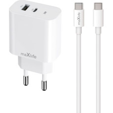 Maxlife MXTC-06-30AC PD QC charger 1x USB-C 1x USB 30W white + USB-C - USB-C cable 60W