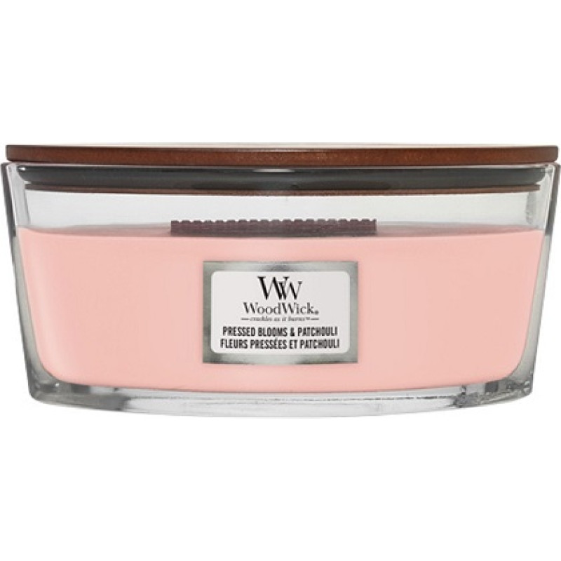 Woodwick Pressed Blooms & Patchouli scented candle with wooden wick 453,6 g