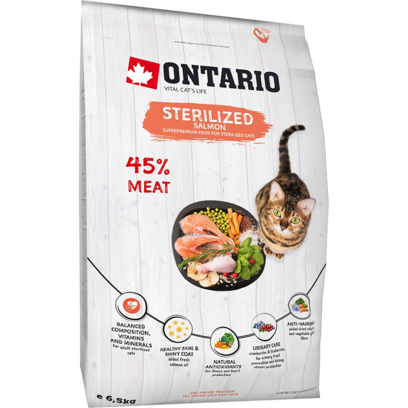 Ontario Sausā barība kaķiem - Ontario Cat Sterilised Salmon, 6.5 kg