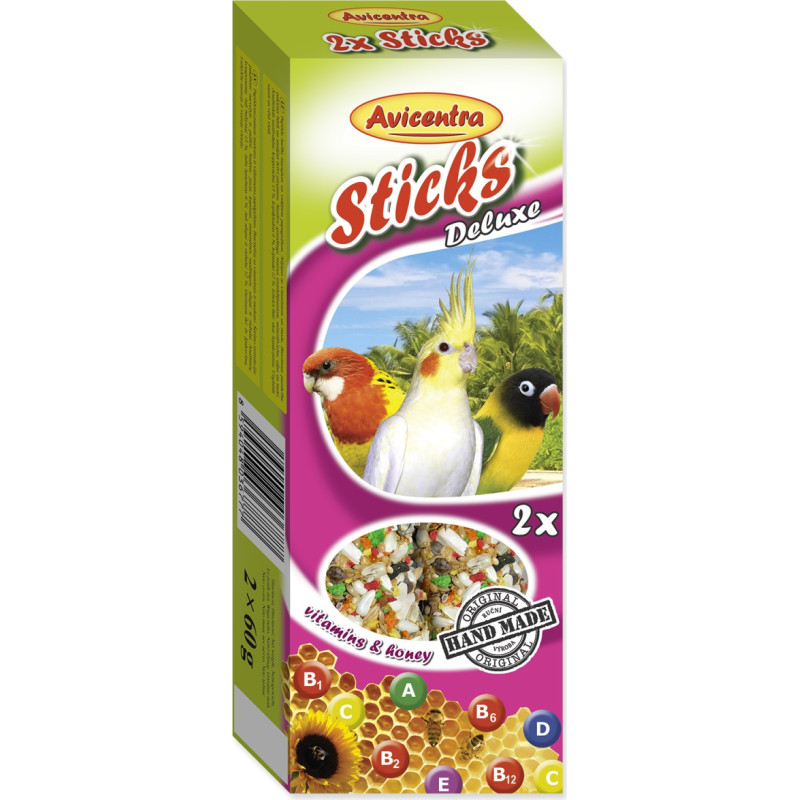 Placek Papildbarība putniem – Avicentra Sticks fruit, nutty for small parrots, 2 x55 g