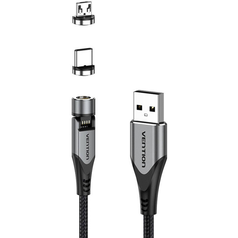 Vention Magnetic Cable 2in1 USB to USB-C|Micro USB Vention CQXHD 3A 0.5m (Grey)