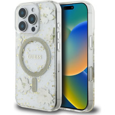 Case Guess Resin Flowers Glitter MagSafe for iPhone 16 Pro Max beige
