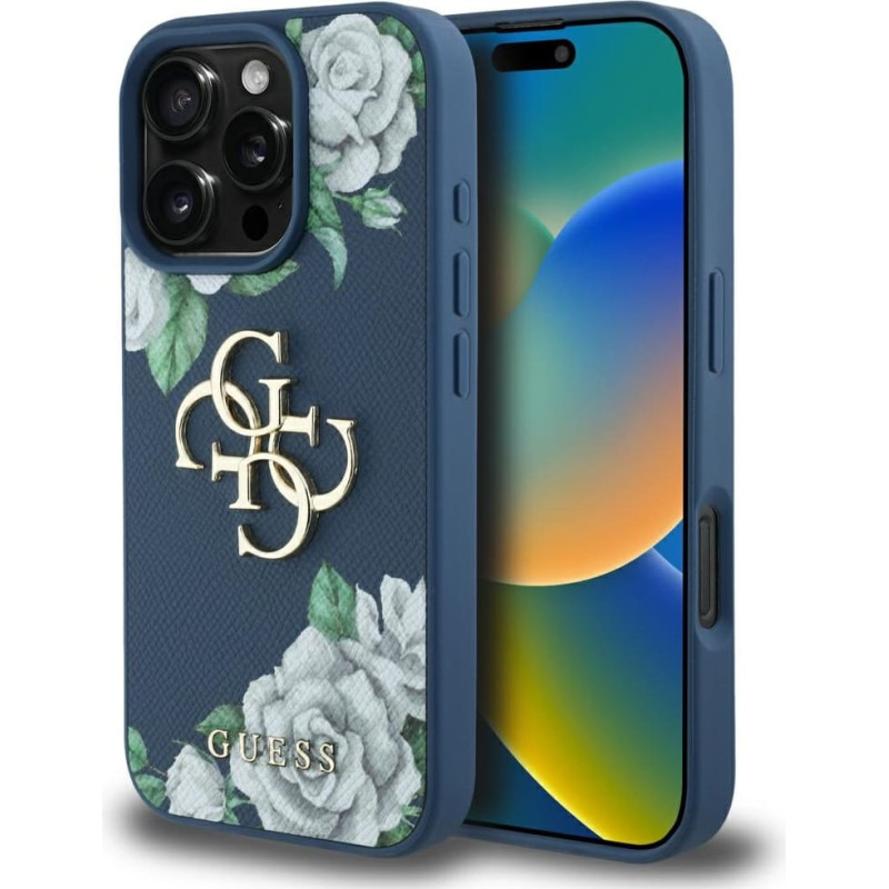 Case Guess Grained Roses Big 4G logo for  iPhone 16 Pro Max blue