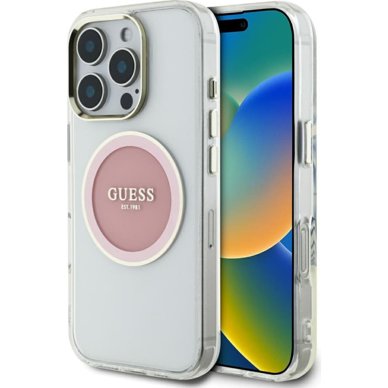 Case Guess IML Metal Colored Circle      Classic Logo MagSafe for iPhone 16 Pro Max pink