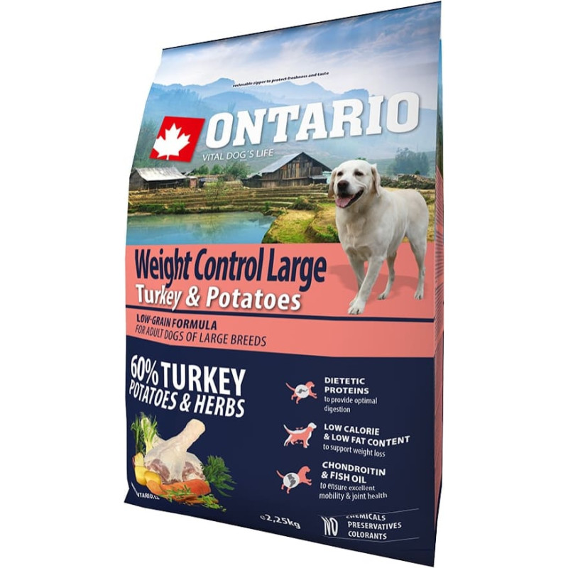 Ontario Sausa barība suņiem - Ontario Dog Large Weight Control Turkey & Potatoes, 2.25kg