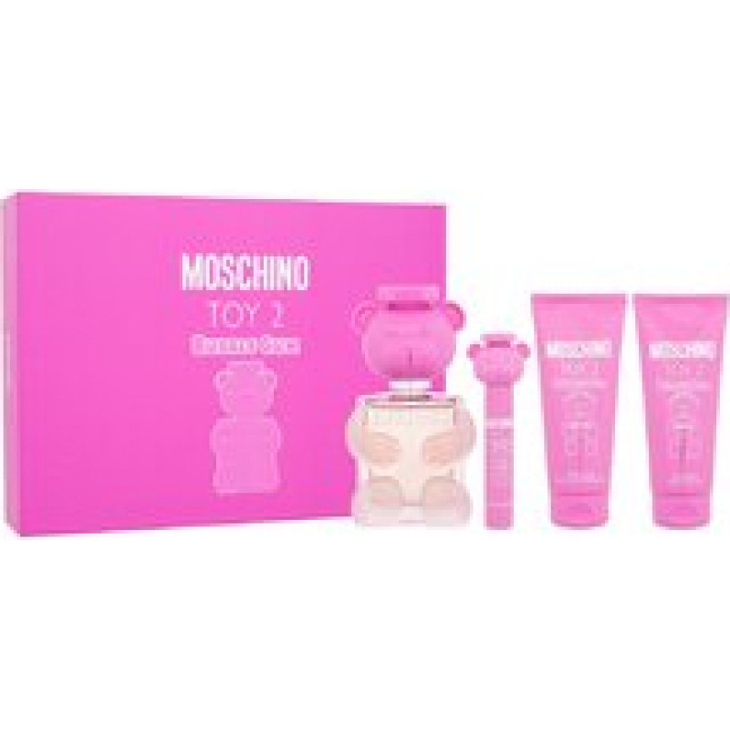 Moschino Toy 2 Bubble Gum Gift Set EDT 100 ml, mini EDT 10 ml, shower gel 100 ml, and body lotion 100 ml.