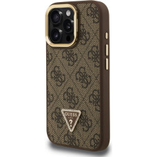 Guess PU 4G Strass Triangle Logo Stand Camera Frame MagSafe Case for iPhone 15 Pro Brown