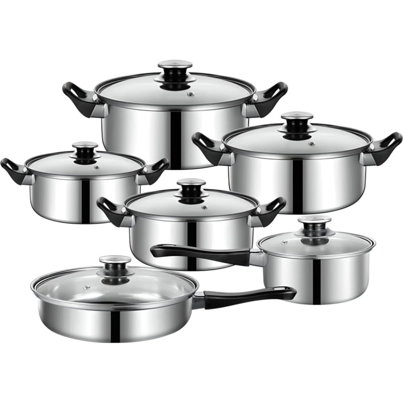 Retoo Tērauda katlu komplekts ar vākiem un pannu - 12 gab.