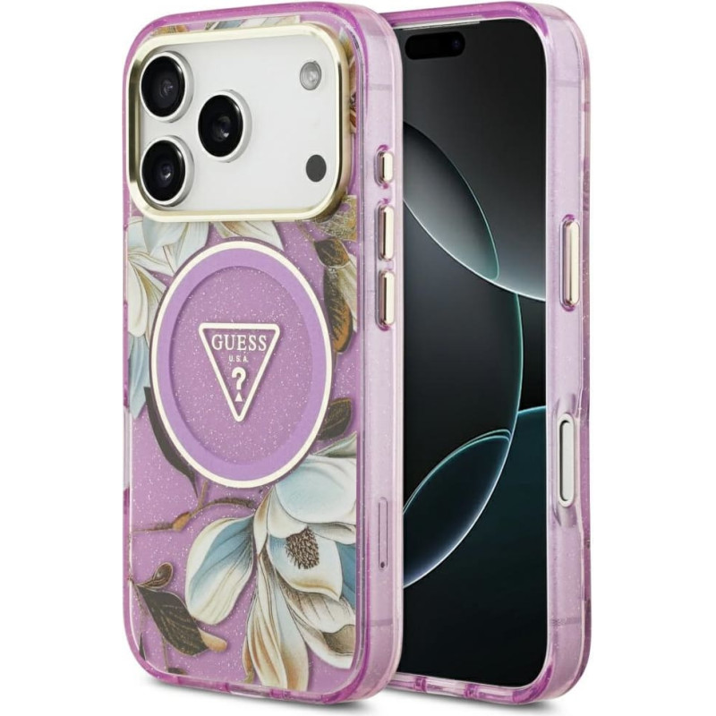 Case Guess IML Glitter Flowers Triangle MagSafe for iPhone 17 Pro Max purple
