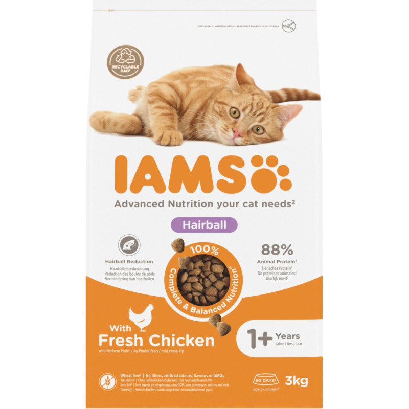 Iams Sausā barība kaķiem - IAMS CAT ADULT HAIRBALL CHICKEN, 3 kg
