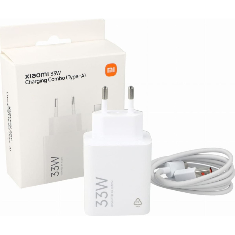 Xiaomi 33 W USB-A sienas lādētājs ar USB-C kabeli - balts