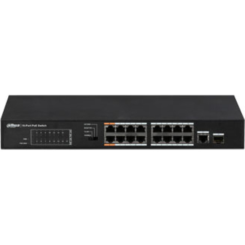 Dahua PoE slēdzis 100Mbps 16 portu + 1G aug&scaron;upsaite