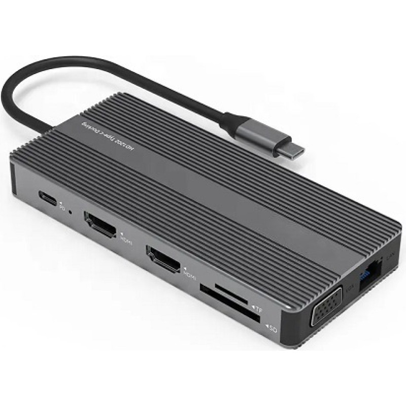 Extradigital Adapteris USB C tipa - 2x HDMI, VGA, LAN, 3x USB A tipa, SD, TF, USB C tipa PD100W, Aux