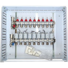 Hismart Apkures kolektors 9 cilpas ar termiskajiem izpildmehānismiem NC AC230V un plūsmas mērītājiem