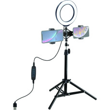 Puluz LED gredzenveida lampa 16 cm ar galda statīva stiprinājumu līdz 70 cm un dubultu tālruņa kron&scaron;teinu, USB