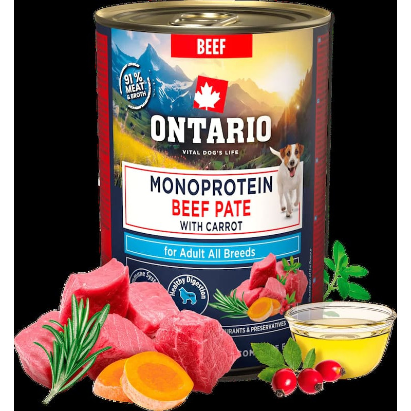 Ontario Konservi suņiem - Ontario Adult Monoprotein Beef Pate with Carrots 400g