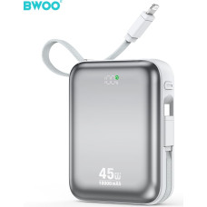 BWOO power bank P77 45W, 10000 mAh with USB-C and Lightning cable, grey