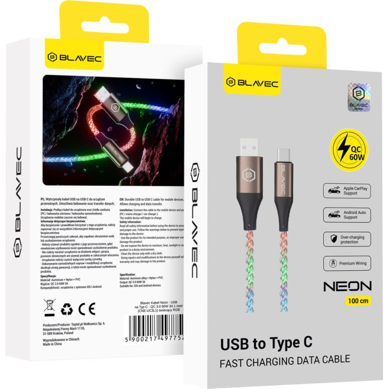 Blavec Kabel Neon - USB na Typ C - QC 3.0 60W 3A 1 metre (CNE-UC3L1) luminous RGB