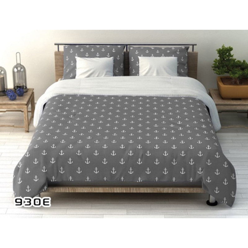 Kokvilnas gultas veļa 140x200 930E pelēka pelēka ar baltiem enkuriem 75D