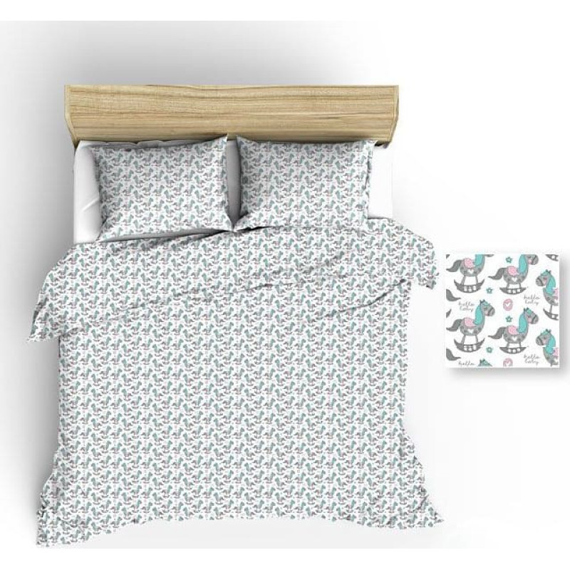 Kokvilnas gultasveļa 140x200 1221E balti poniji pelēki rozā