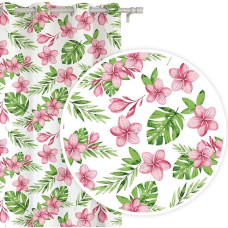 Gatavs aizkars ar starplikām 140x250 baltas monsteras lapas rozā monstera ziedi